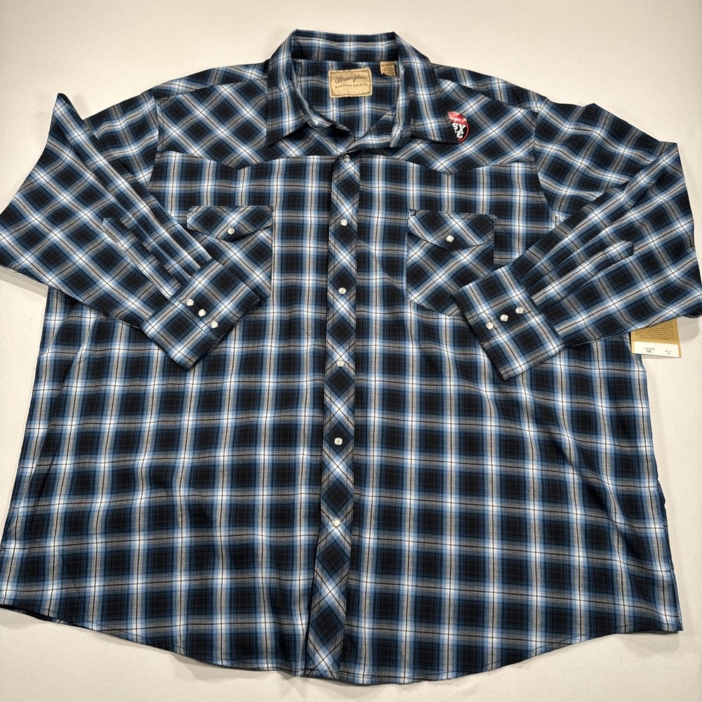 Wrangler Western Pearl Snap Shirt Men Size 3XL Blue Plaid Long Sleeve Rodeo